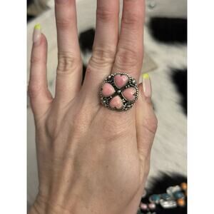 Native American Sterling Silver Pink Conch Heart Four Leaf Clover Ring Size 8.5
